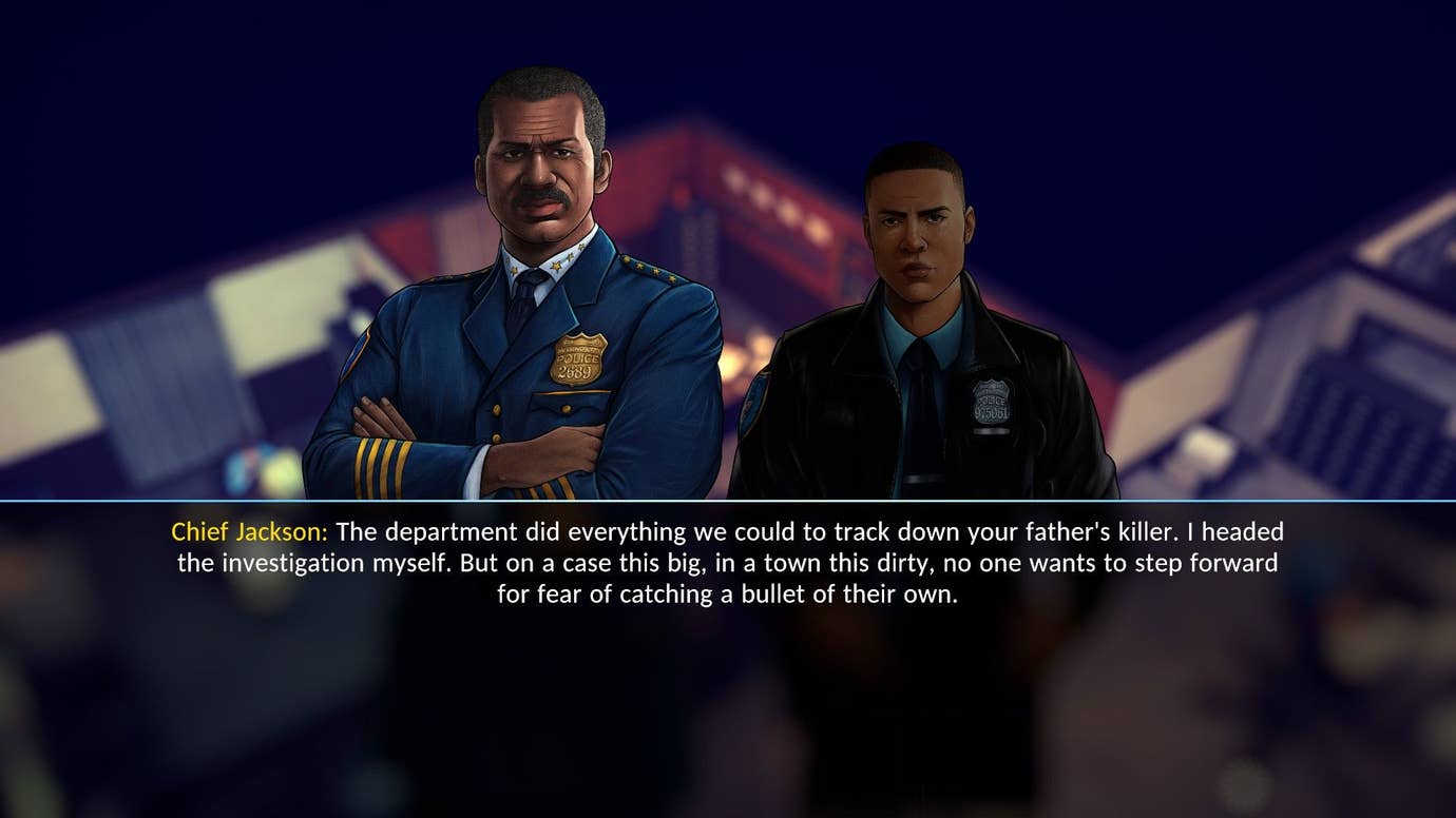 The chief of the police station talks to officer Cordell about his father, who was killed in the line of duty.